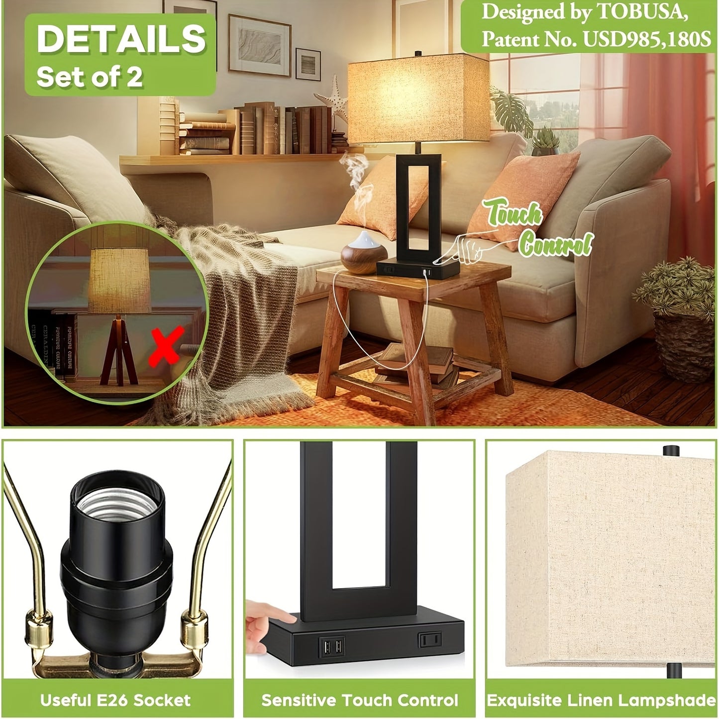 Touch Table Lamps Set of 2, USB, 3-Way Dimmable, Bedside Nightstand Lamp