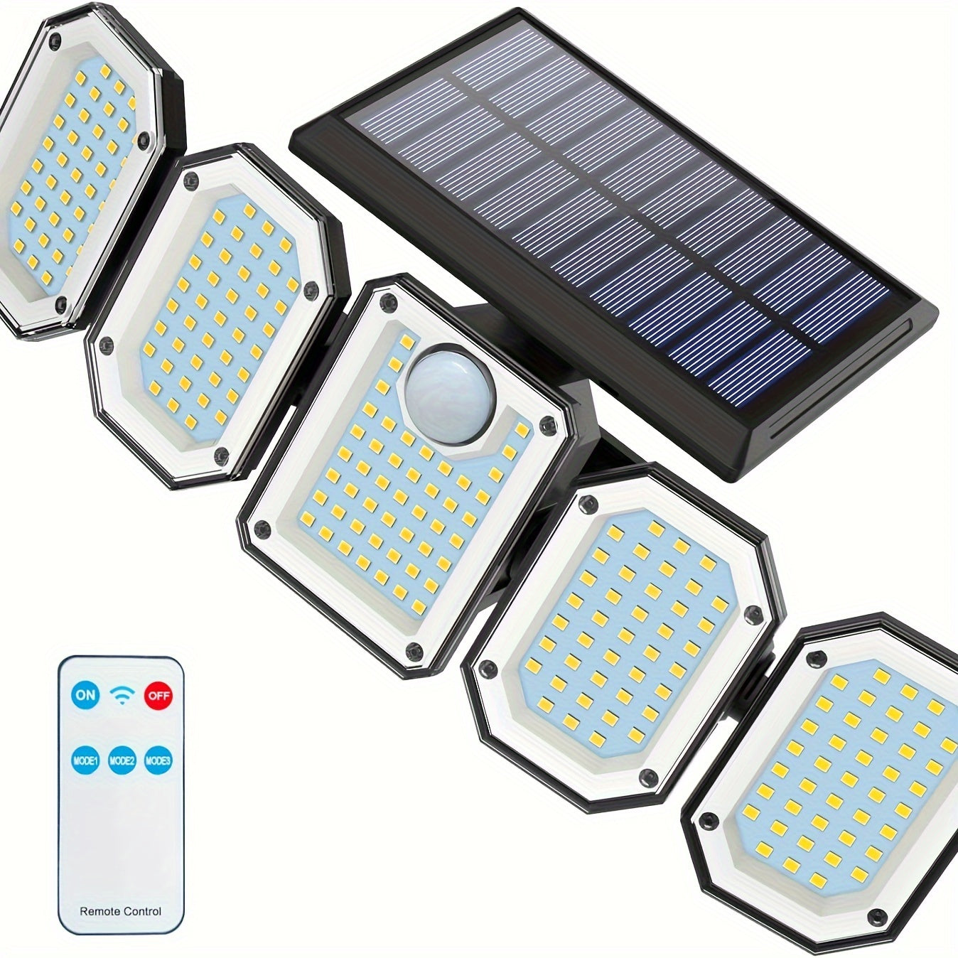 Solar Motion Sensor Flood Light – 300 LED, 5-Head, 7000K, Remote, Outdoor Use