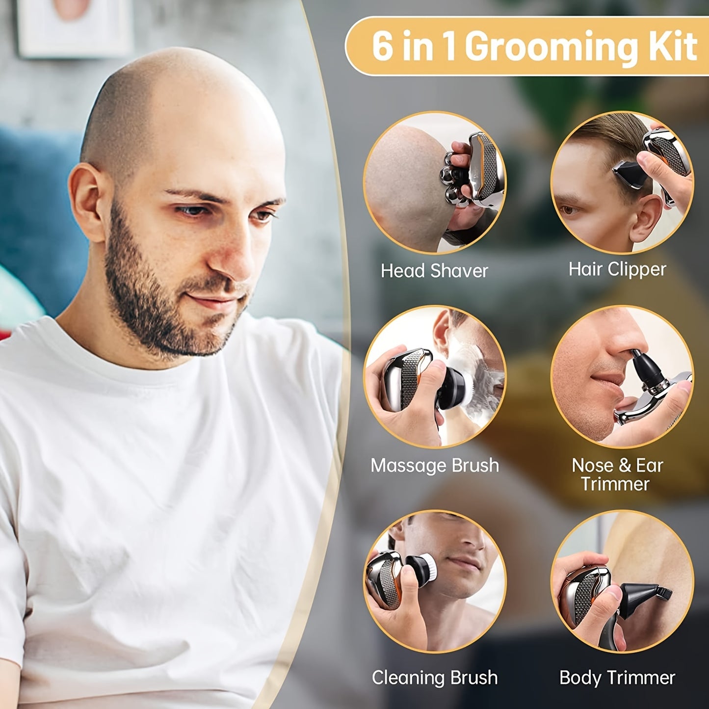 6-in-1 Rechargeable Head Shaver for Men – Wet Dry Razor, Beard Trimmer, Clippers