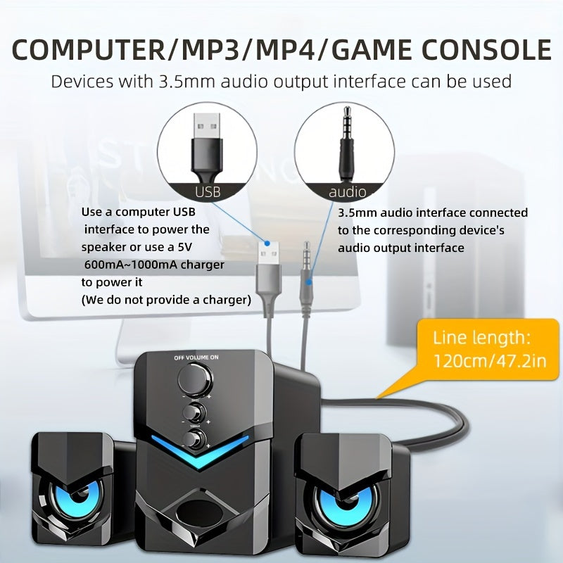 2.1 Stereo USB Desktop Speaker with LED Lights, Wired PC Speaker for Gaming & Laptop