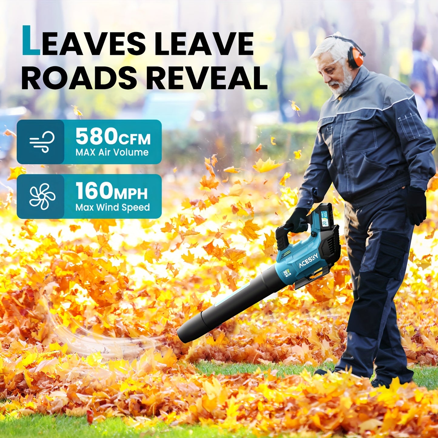 Powerful Cordless Leaf Blower 580CFM 2x4.0Ah Battery, 3-Speed, Lightweight