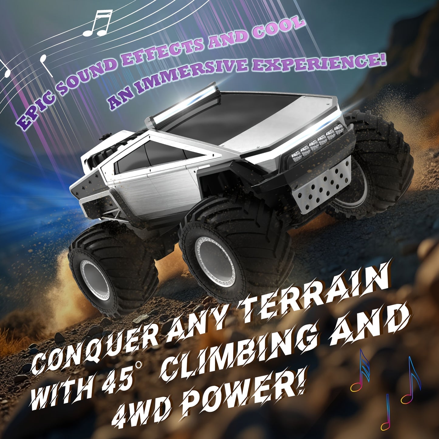 RC Monster Truck 4WD Remote Control Car Off-Road Toy with LED Lights for Kids 6+