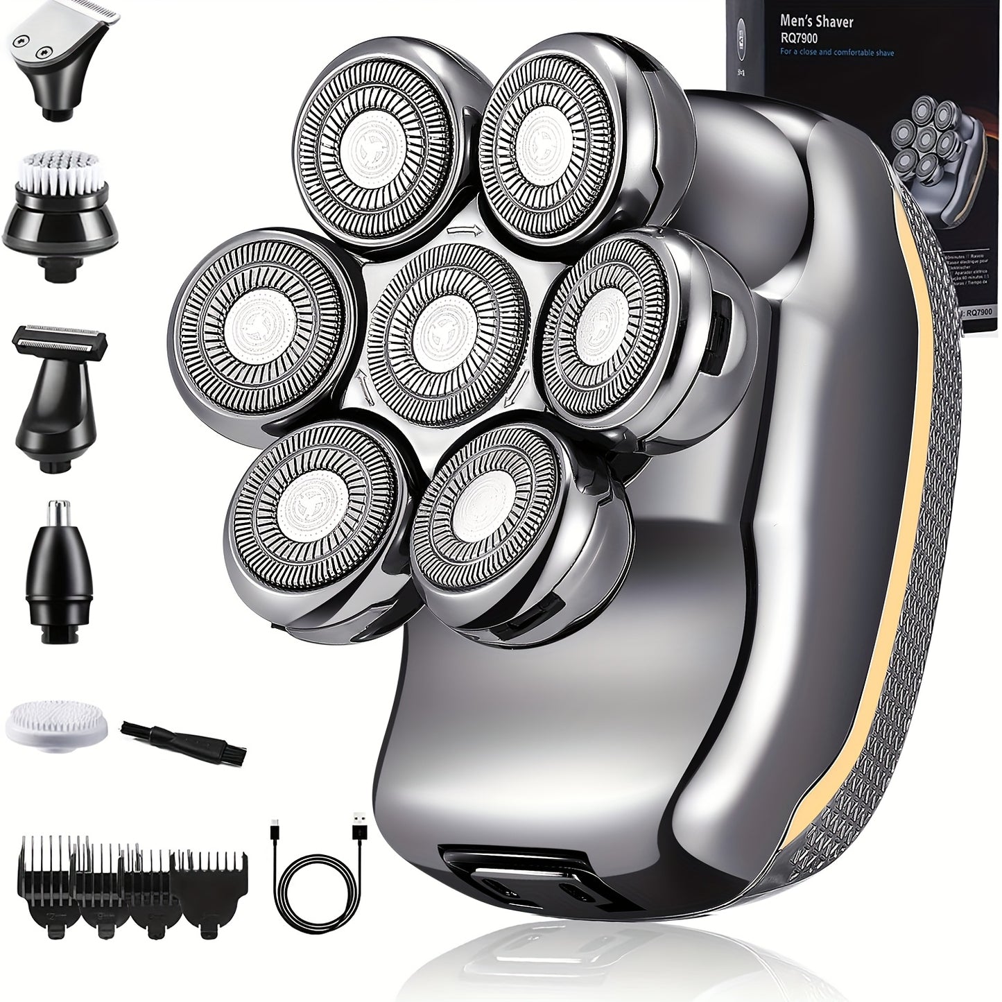6-in-1 Rechargeable Head Shaver for Men – Wet Dry Razor, Beard Trimmer, Clippers