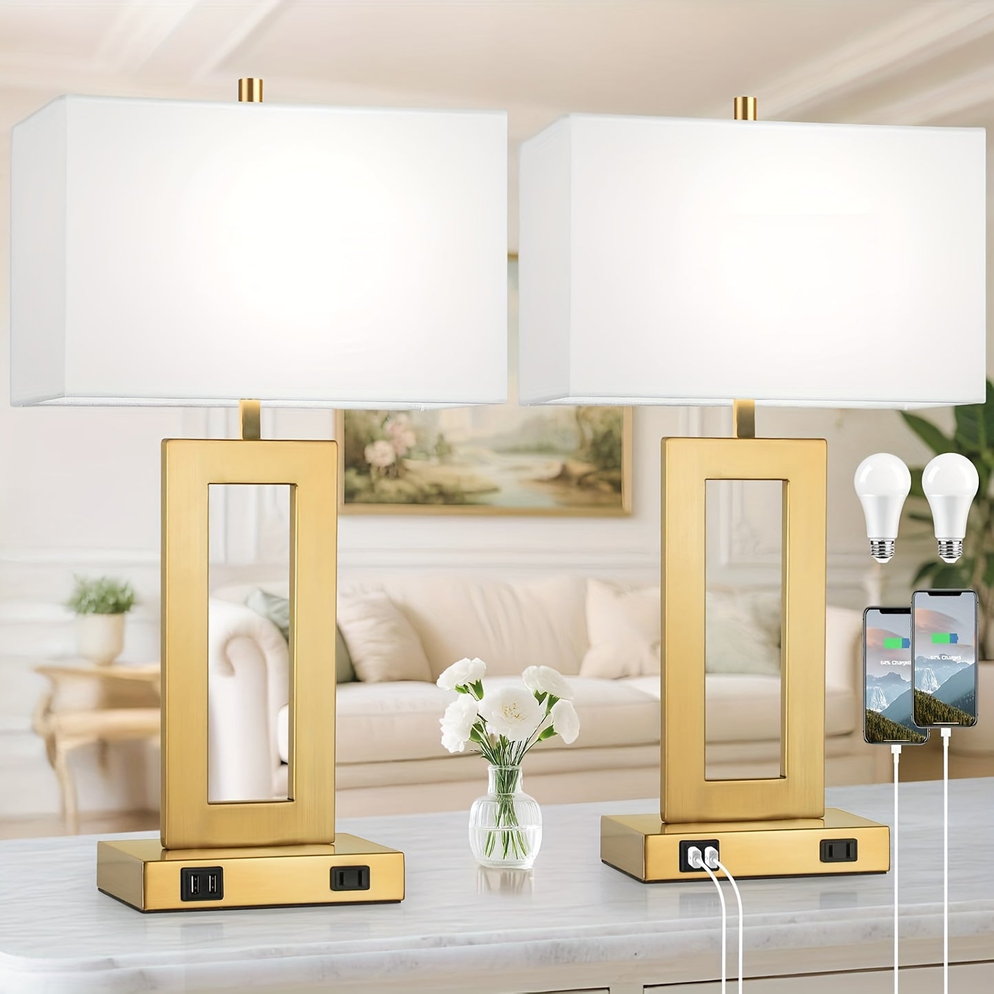Touch Table Lamps Set of 2, USB, 3-Way Dimmable, Bedside Nightstand Lamp