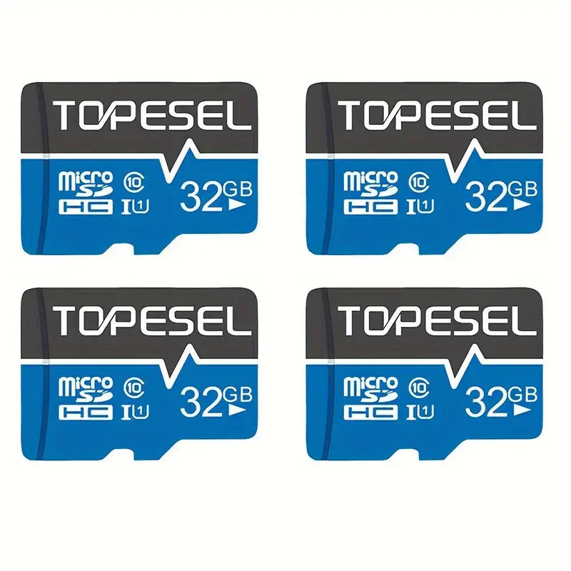 Four TOPESEL microSDHC cards with 32GB capacity on a white background
