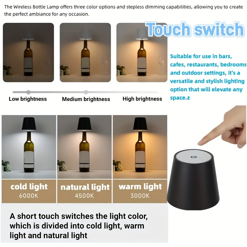 Moktan Sabai Wireless Bottle Lamp – Rechargeable 3-Color Dimmable Touch LED Light for Bars