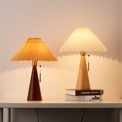 Japanese Minimalist Wooden Table Lamp Pleated Shade LED Indoor Lighting