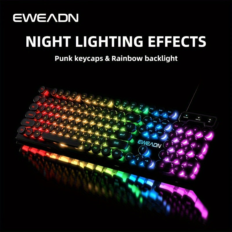 Retro RGB Gaming Keyboard with Round Keycaps, Wired USB Typewriter Keyboard, 104-Key