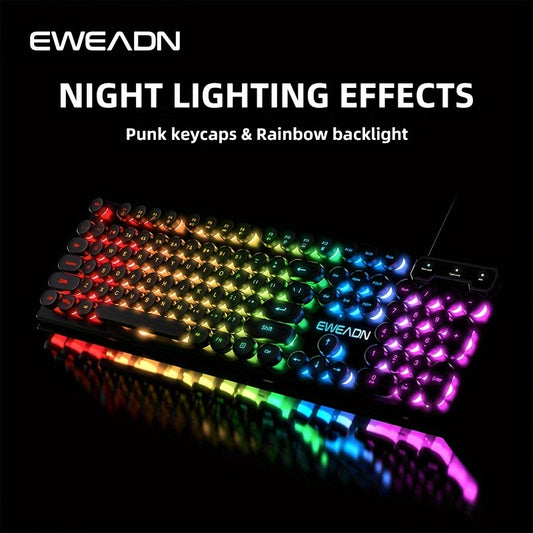 Retro RGB Gaming Keyboard with Round Keycaps, Wired USB Typewriter Keyboard, 104-Key