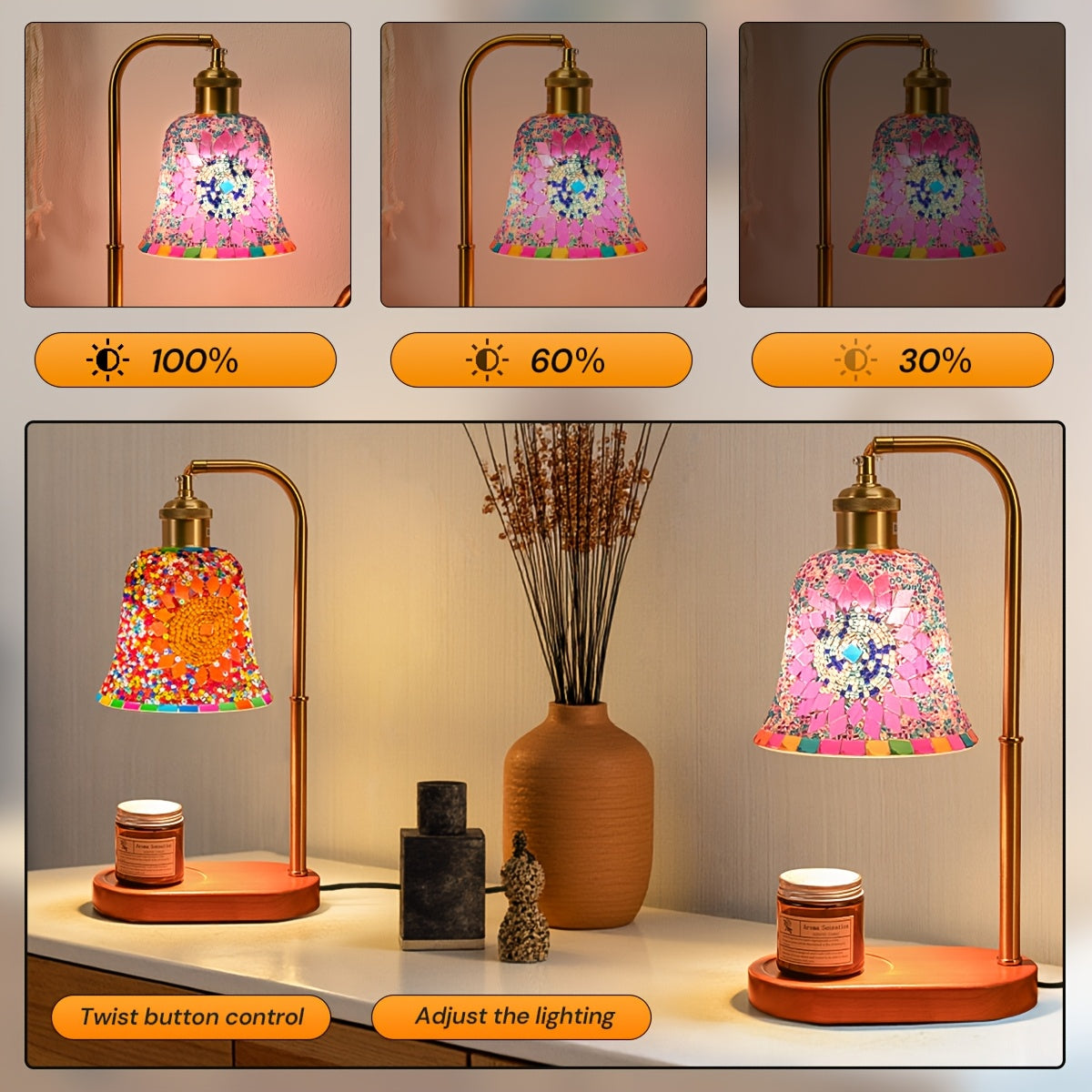 Moktan Sabai Turkish Mosaic Candle Lamp – Dimmable Glass Table Light for Bedroom & Holidays