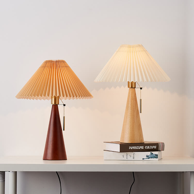 Japanese Minimalist Wooden Table Lamp Pleated Shade LED Indoor Lighting