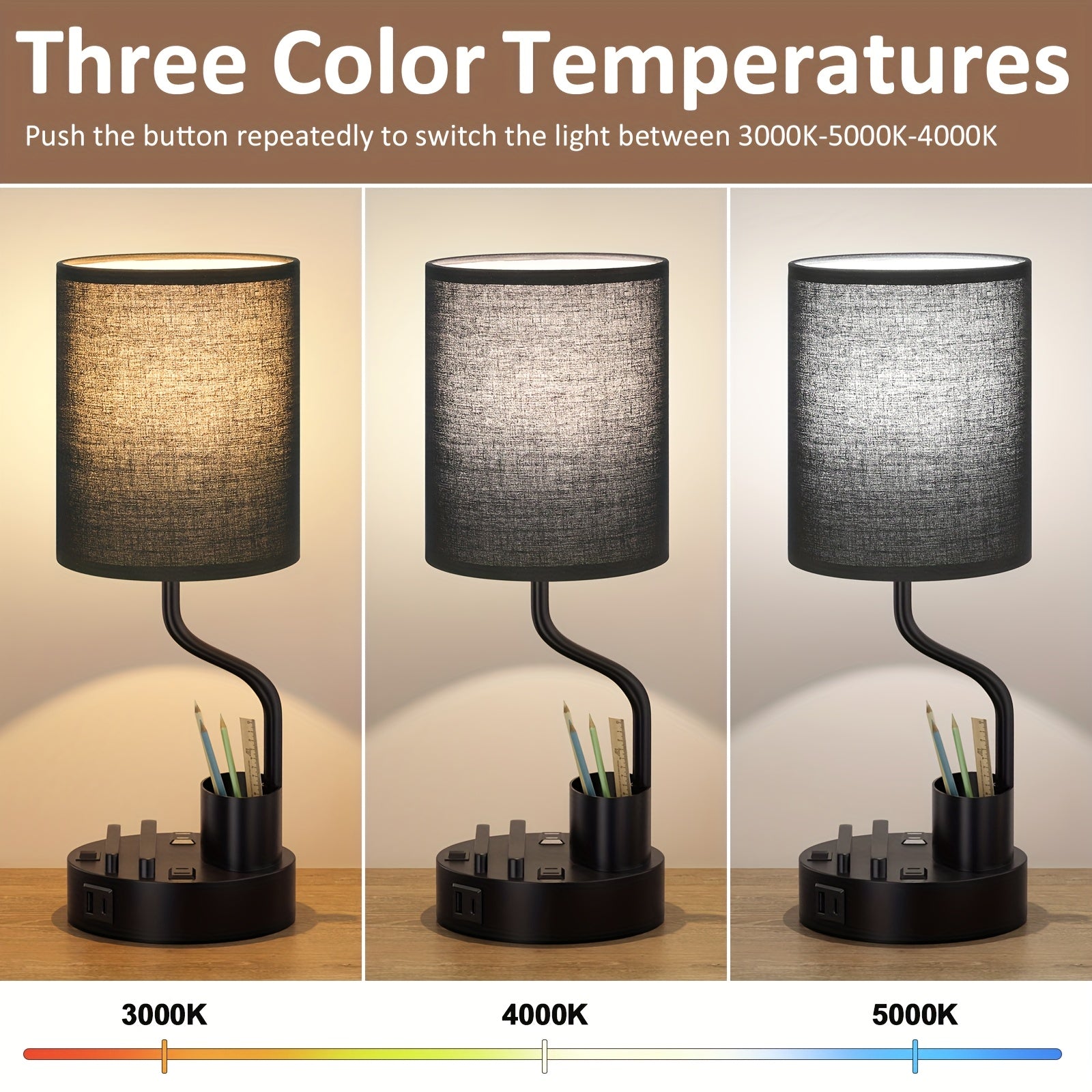 Moktan Sabai Set of 2 Bedside Lamps – USB-C+USB-A & Outlet, 3-Color Modern Nightstand Lights