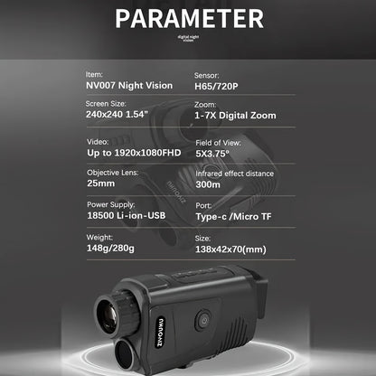 1080P Night Vision Monocular with IR, Lightless HD Camera for Hunting, Video