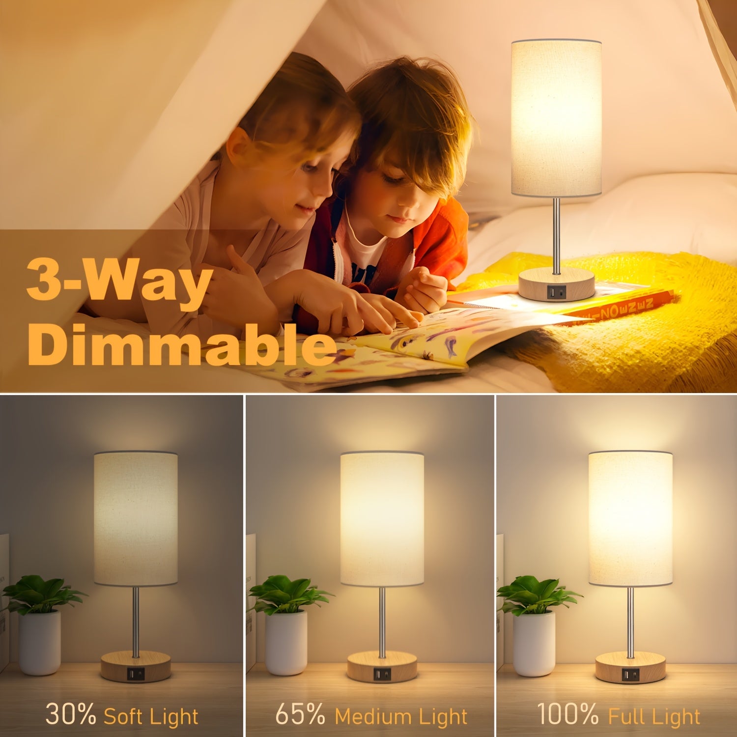 Moktan Sabai 2-Pack Touch Control USB Table Lamps – 3-Way Dimmable LED Bedside Light Set
