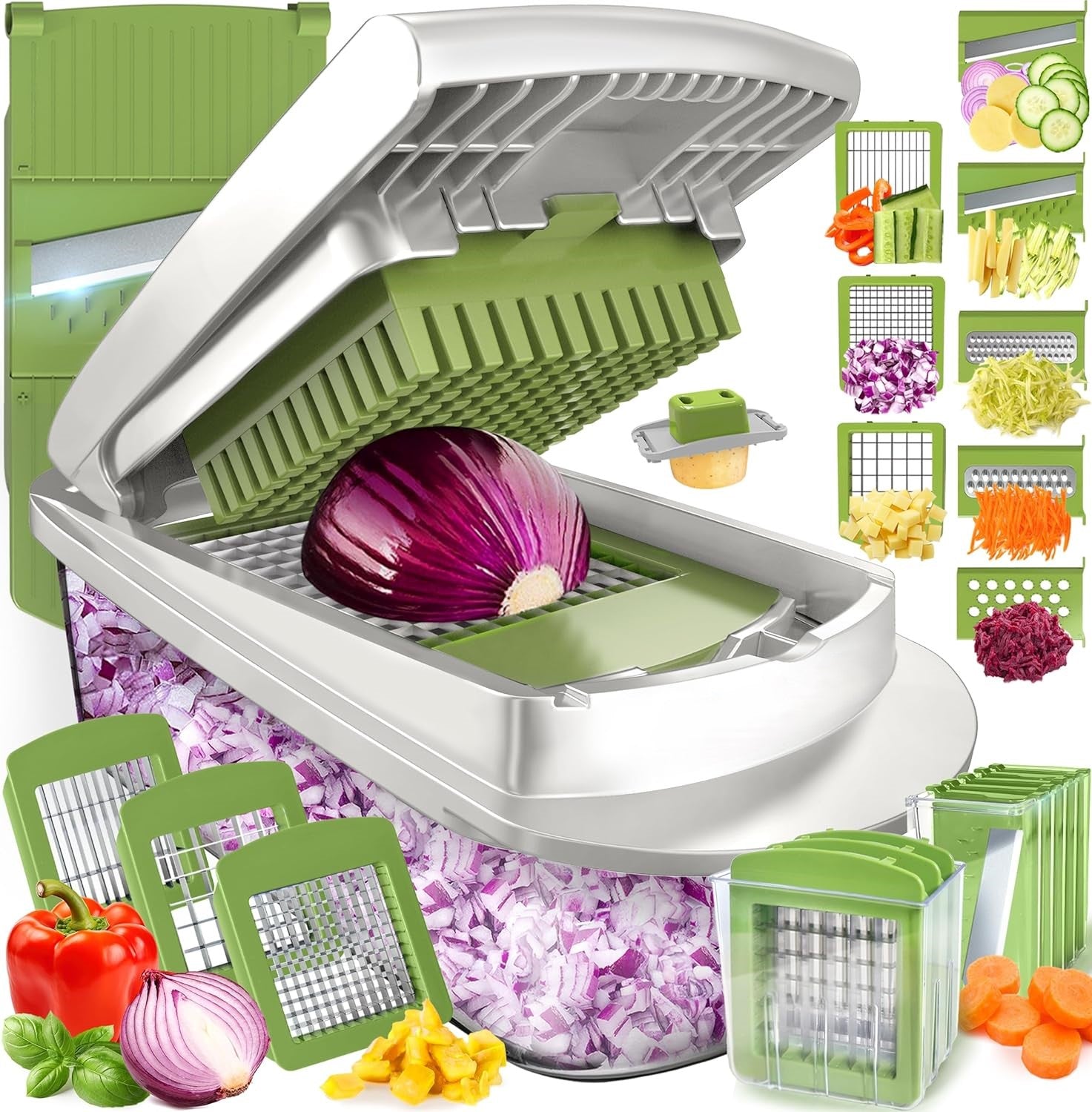 Moktan Sabai 8 in 1 Vegetable Slicer Chopper with Container Mandoline Cutter Green