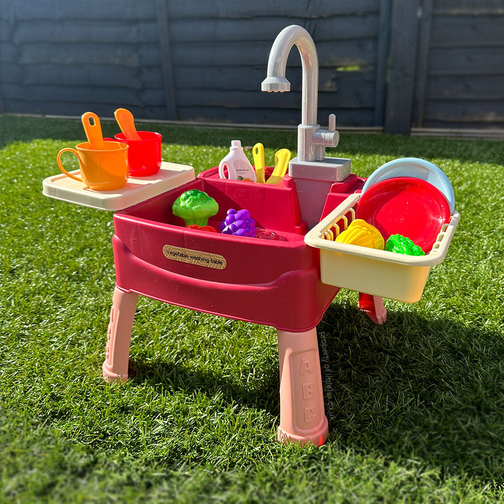 Moktan Sabai Kids Role Play Kitchen Sink Toy Set with Water Circulation & Accessories Red