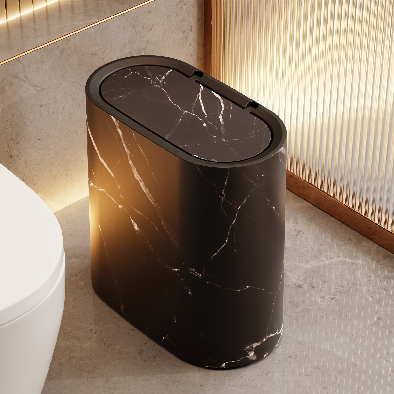 Moktan Sabai Marble Bathroom Trash Can with Lid Oval Small Kitchen Garbage Bin Marble Black