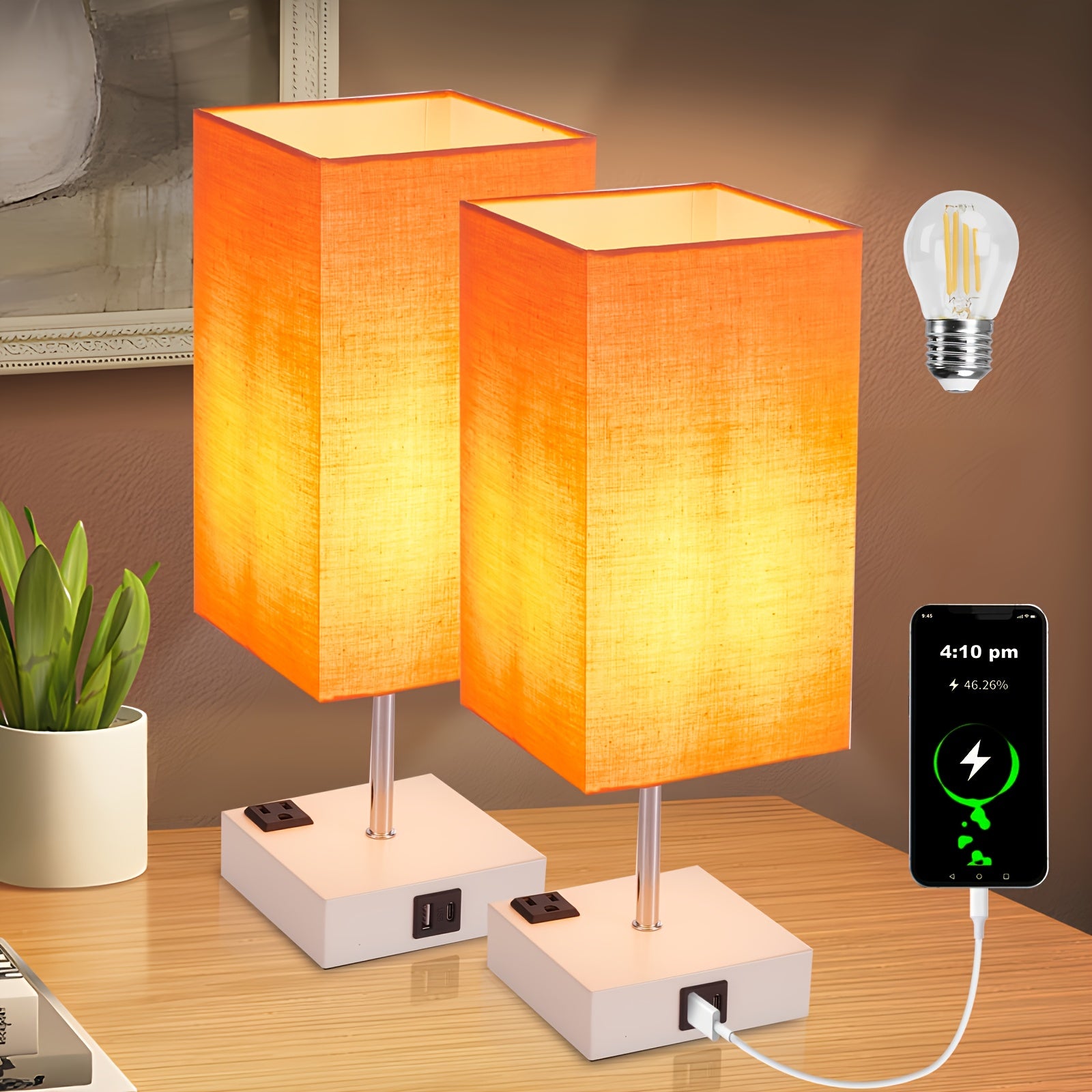 Moktan Sabai LumaTouch | Touch Table Lamp with USB Outlet and Fabric Shade Bedside Decor Orange (2 Pacls)