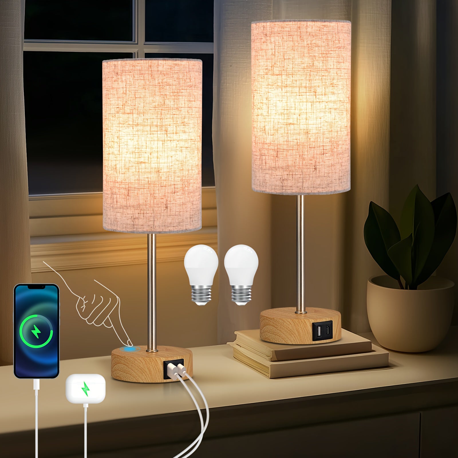 Moktan Sabai 2-Pack Touch Control USB Table Lamps – 3-Way Dimmable LED Bedside Light Set 2 Pack - Texture Oatmeal Shade