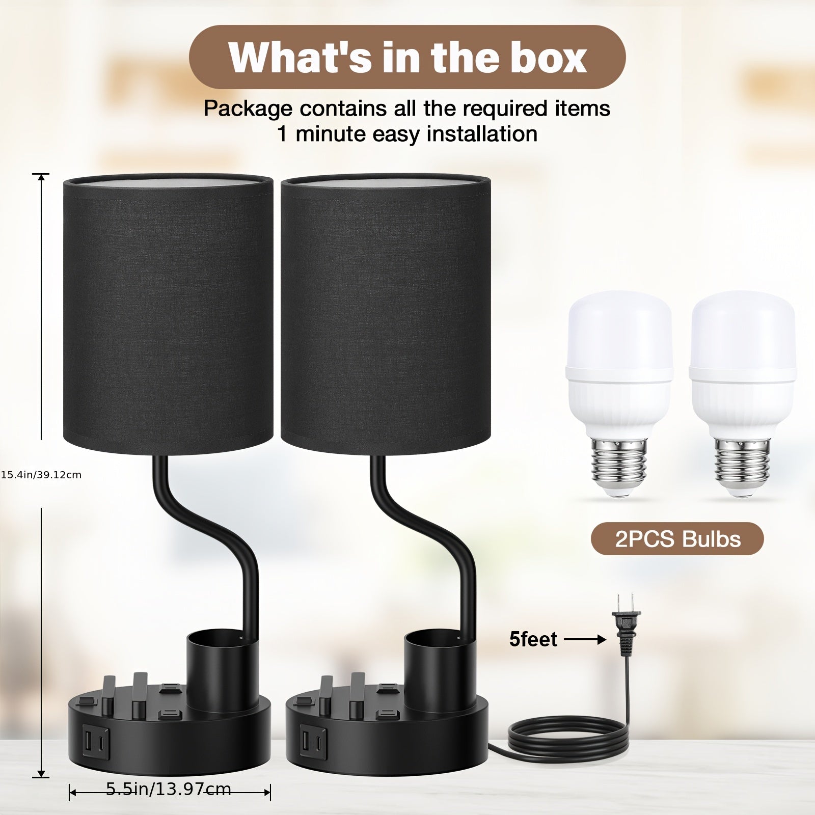 Moktan Sabai Set of 2 Bedside Lamps – USB-C+USB-A & Outlet, 3-Color Modern Nightstand Lights