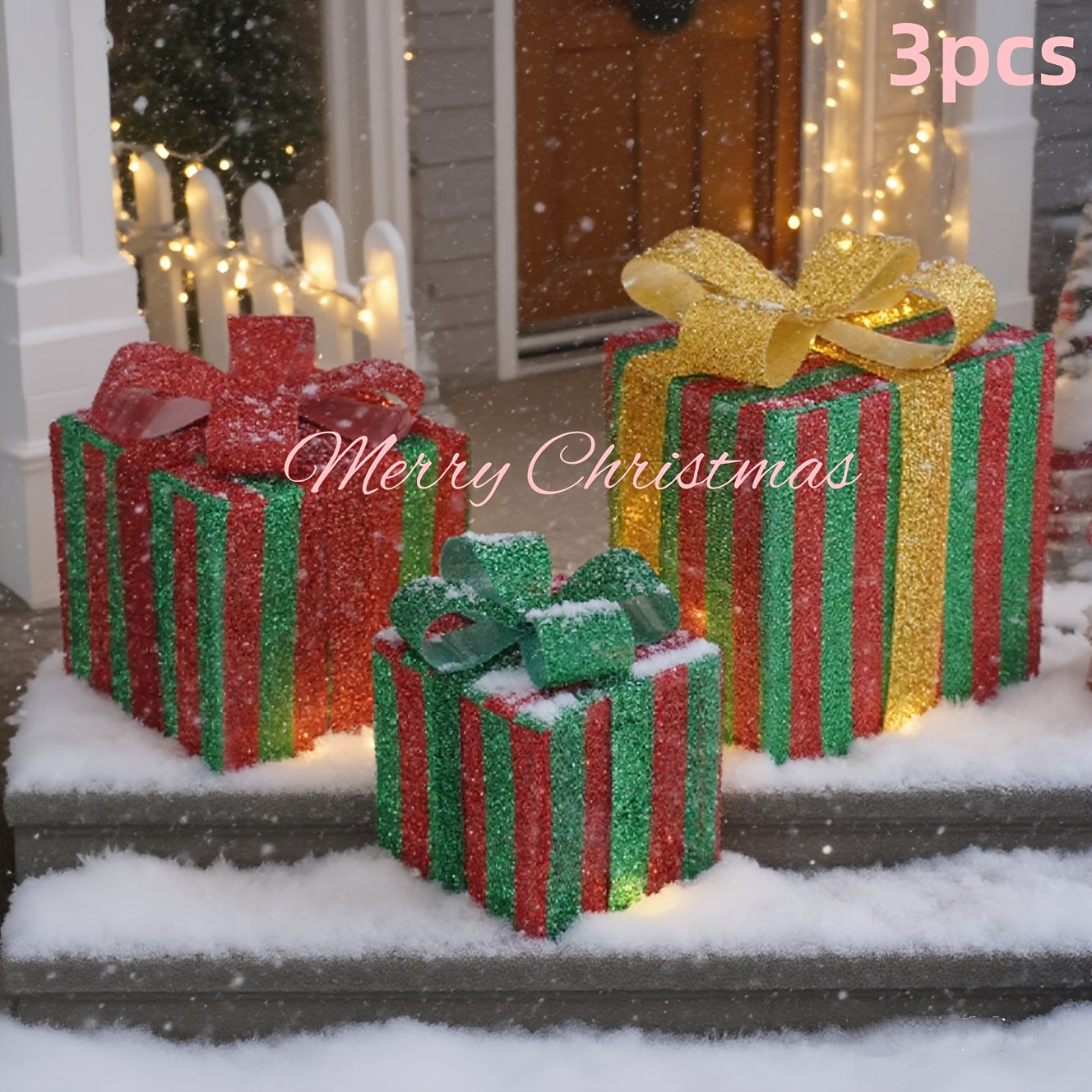 Lighted Christmas Gift Box Set of 3 with LED Lights, Outdoor Indoor Holiday Decor