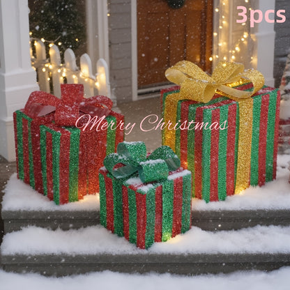 Lighted Christmas Gift Box Set of 3 with LED Lights, Outdoor Indoor Holiday Decor