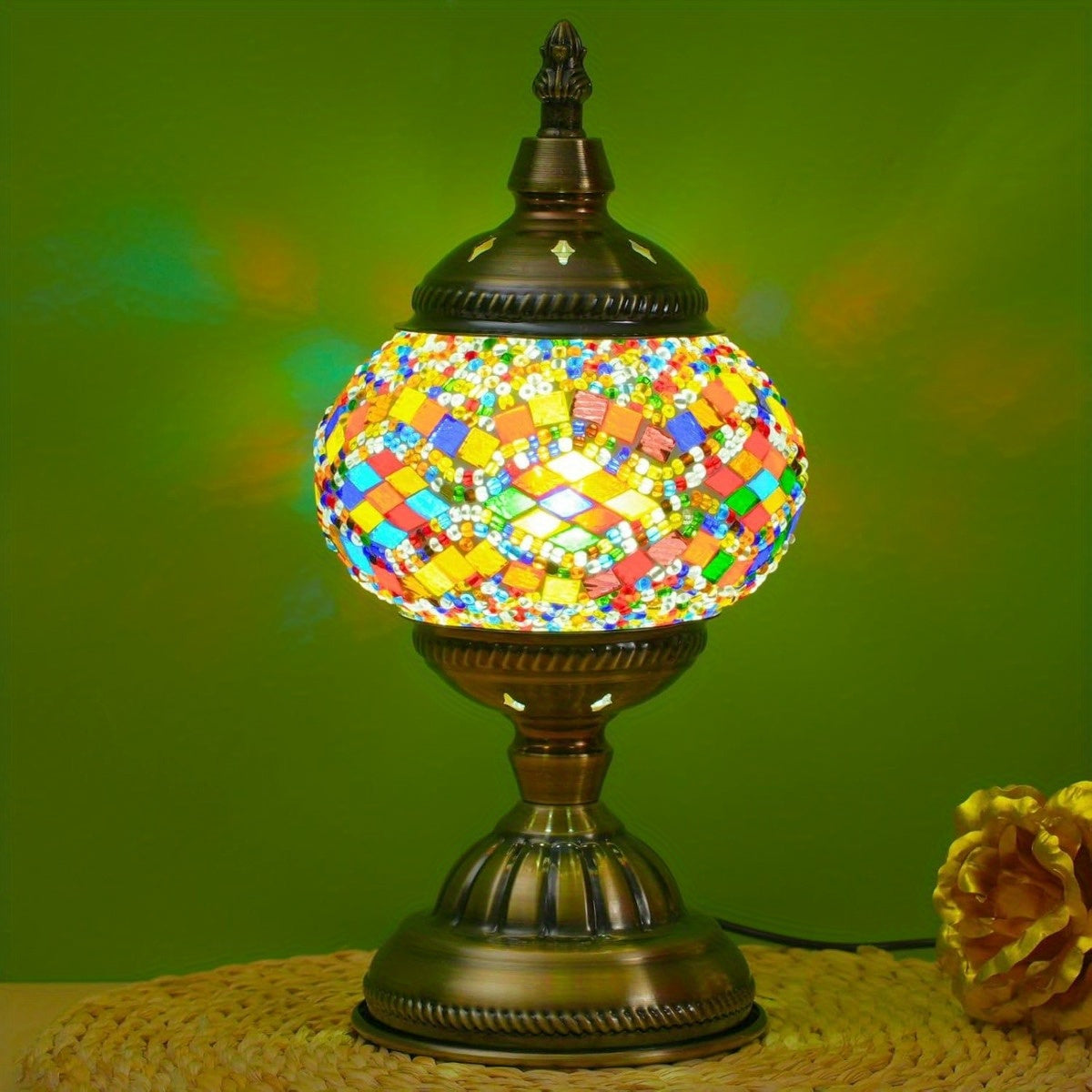 Moktan Sabai Handmade Turkish Mosaic Lamp – Dimmable Glass Pumpkin Night Light for Bedroom