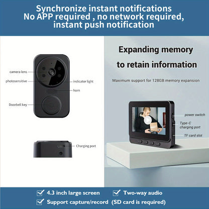 Wireless Video Doorbell with 4.3 Screen, HD Camera, Two-Way Audio & Night Vision