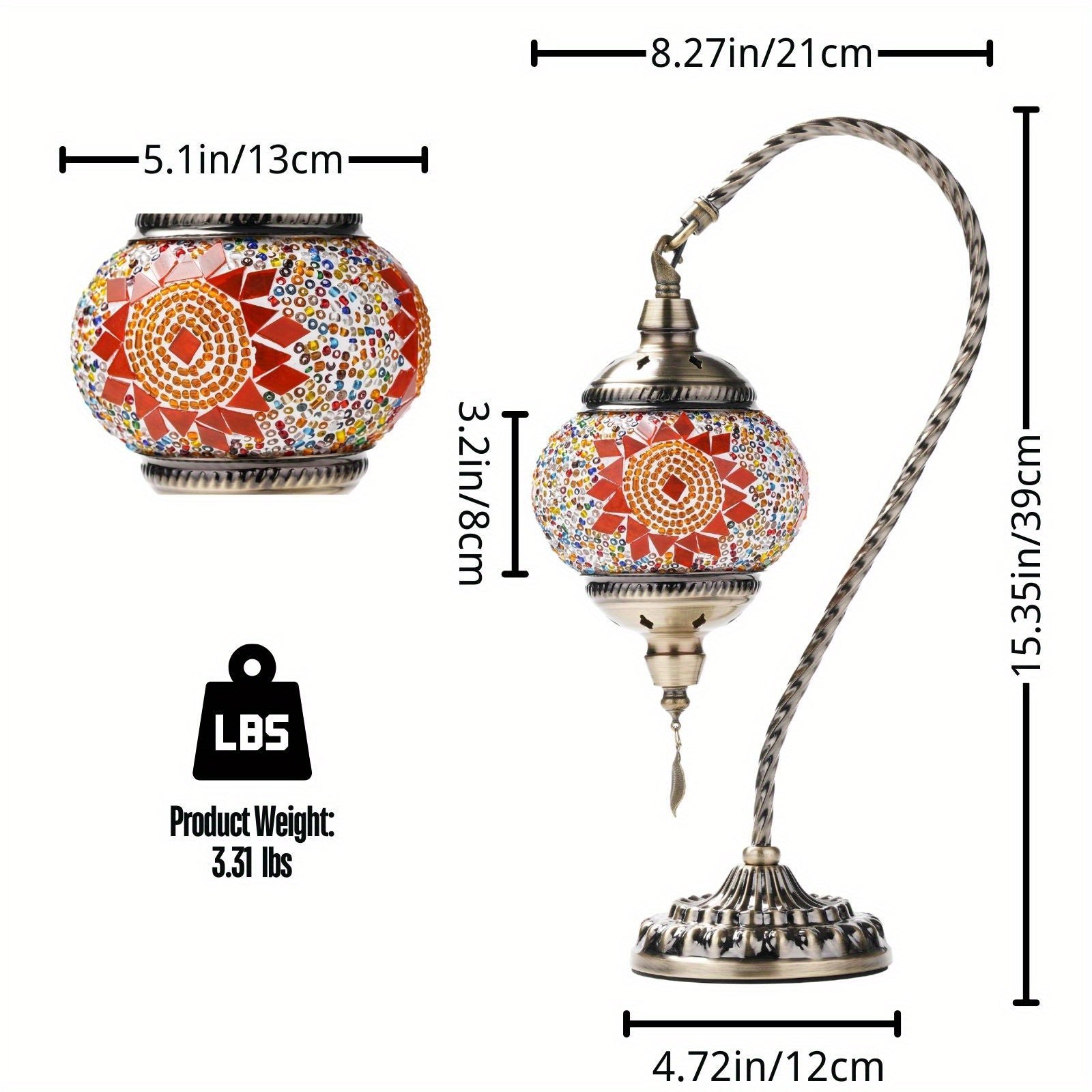 Moktan Sabai Turkish Mosaic Table Lamp – Swan Neck Moroccan Bedside Light with LED Bulb