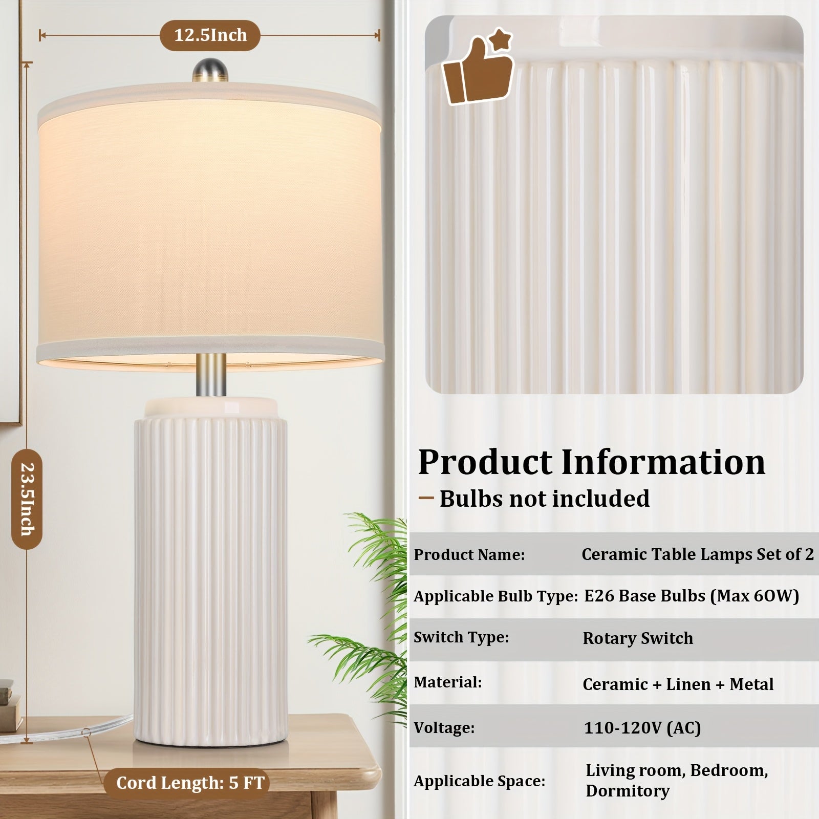 Moktan Sabai Farmhouse Table Lamps Set of 2 – Ceramic Base Bedside Lamps for Bedroom & Living