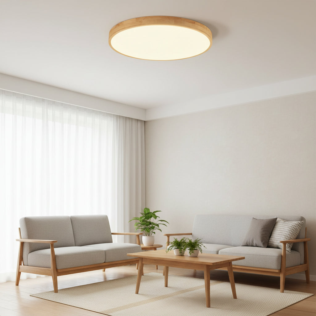 Moktan Sabai Nordic Solid Wood Round Ultra Thin LED Flush Mount Ceiling Light 18W