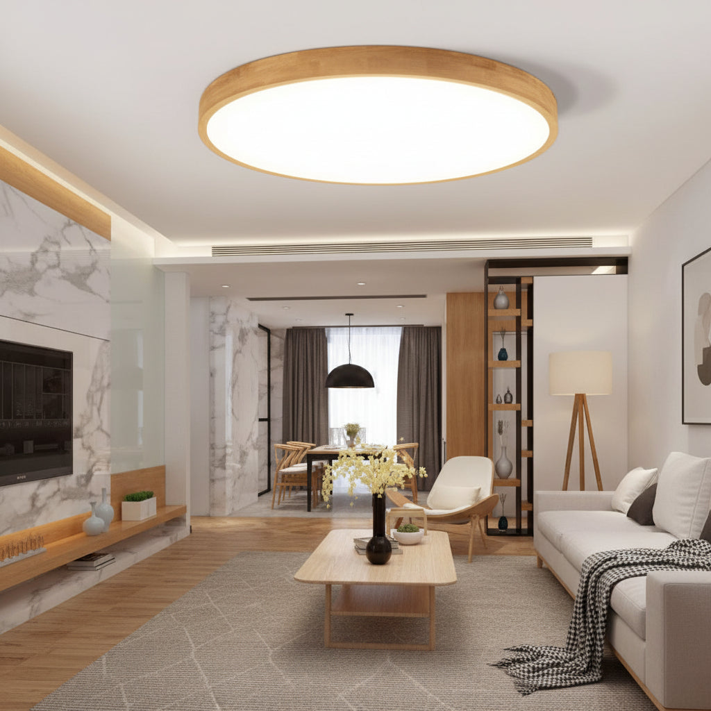 Moktan Sabai Nordic Solid Wood Round Ultra Thin LED Flush Mount Ceiling Light 18W