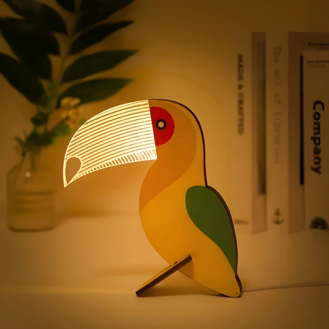 Moktan Sabai Nordic Wooden Animal LED Table Lamp Warm White USB Bedside Desk Decor Toucan (13x19cm) CA & US - 120 Volts