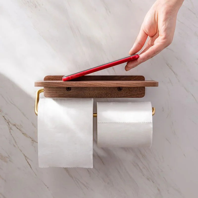 Moktan Sabai Walnut Wood Toilet Paper Holder with Shelf Brass Bathroom Rack