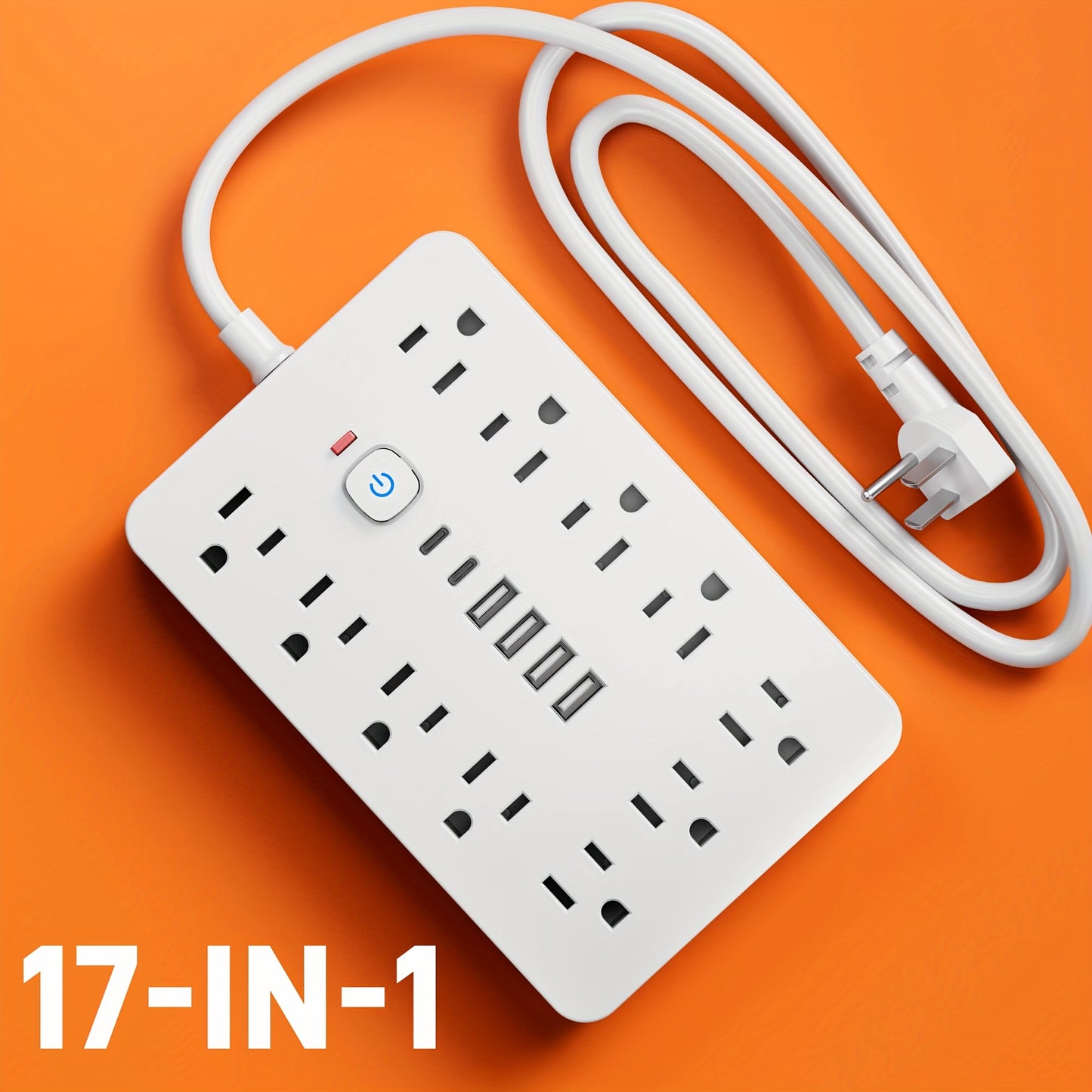 17-in-1 Power Strip Surge Protector – 11 AC Outlets, 4 USB, 2 Type-C, Flat Plug