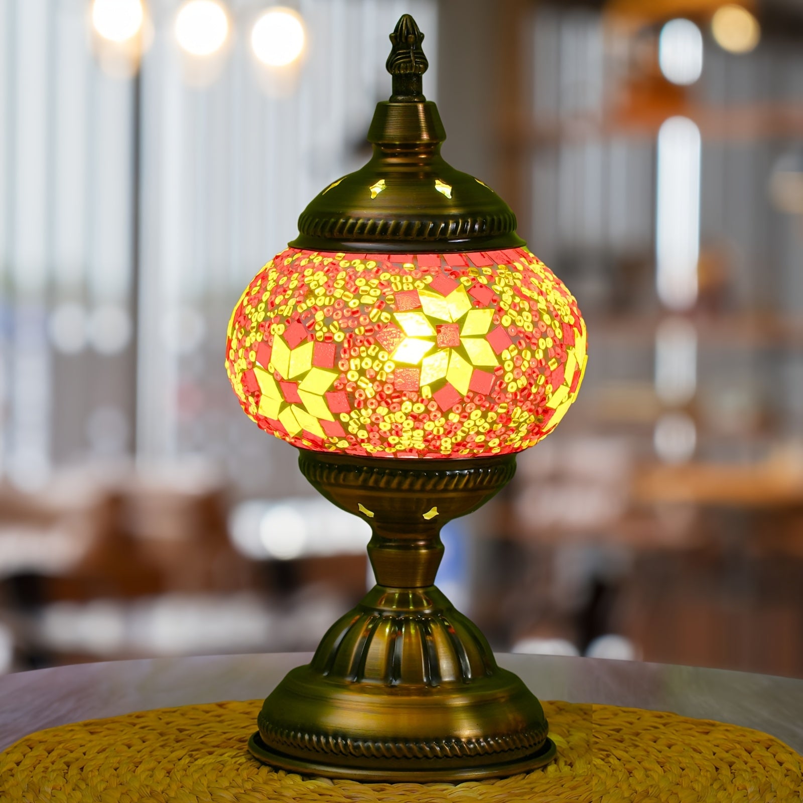 Moktan Sabai Handmade Turkish Mosaic Lamp – Dimmable Glass Pumpkin Night Light for Bedroom Red