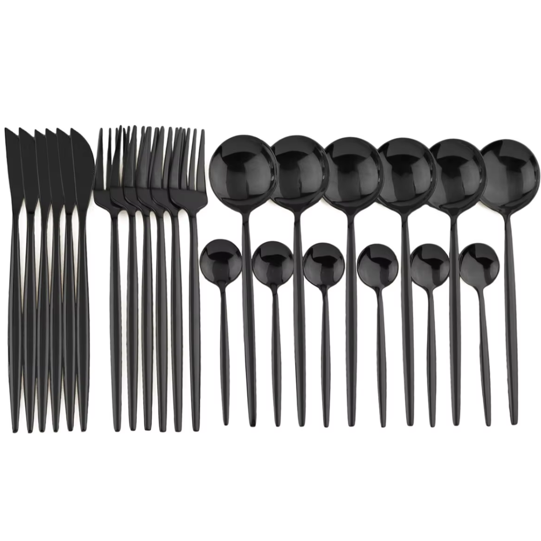 Moktan Sabai 24 Piece Black Stainless Steel Cutlery Set for 4 with Steak Knives Long edge