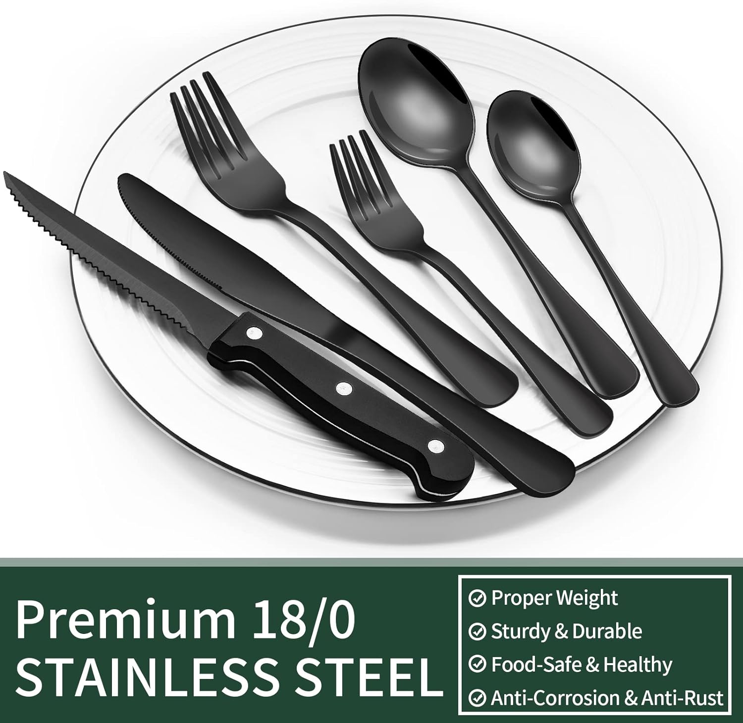 Moktan Sabai 24 Piece Black Stainless Steel Cutlery Set for 4 with Steak Knives