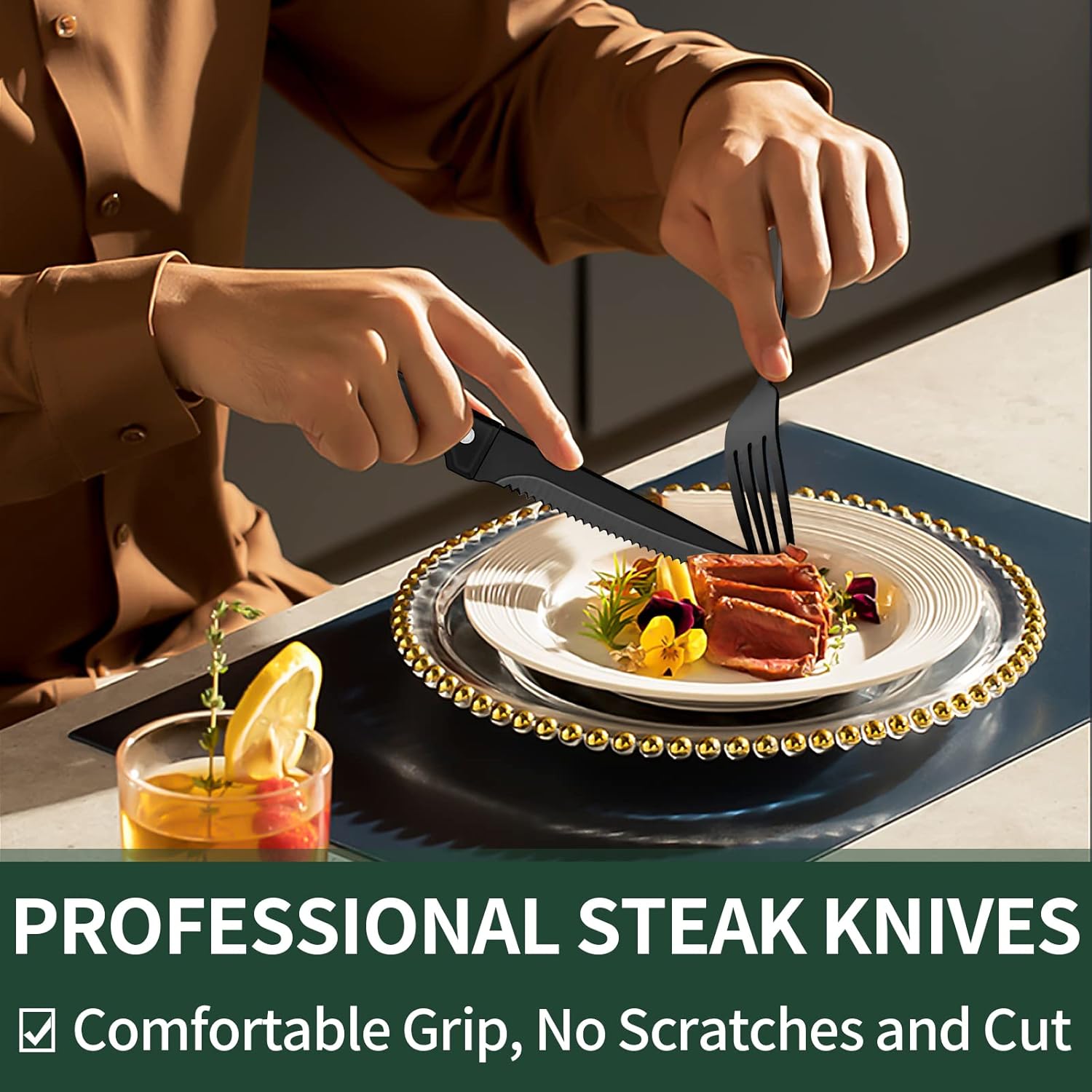 Moktan Sabai 24 Piece Black Stainless Steel Cutlery Set for 4 with Steak Knives