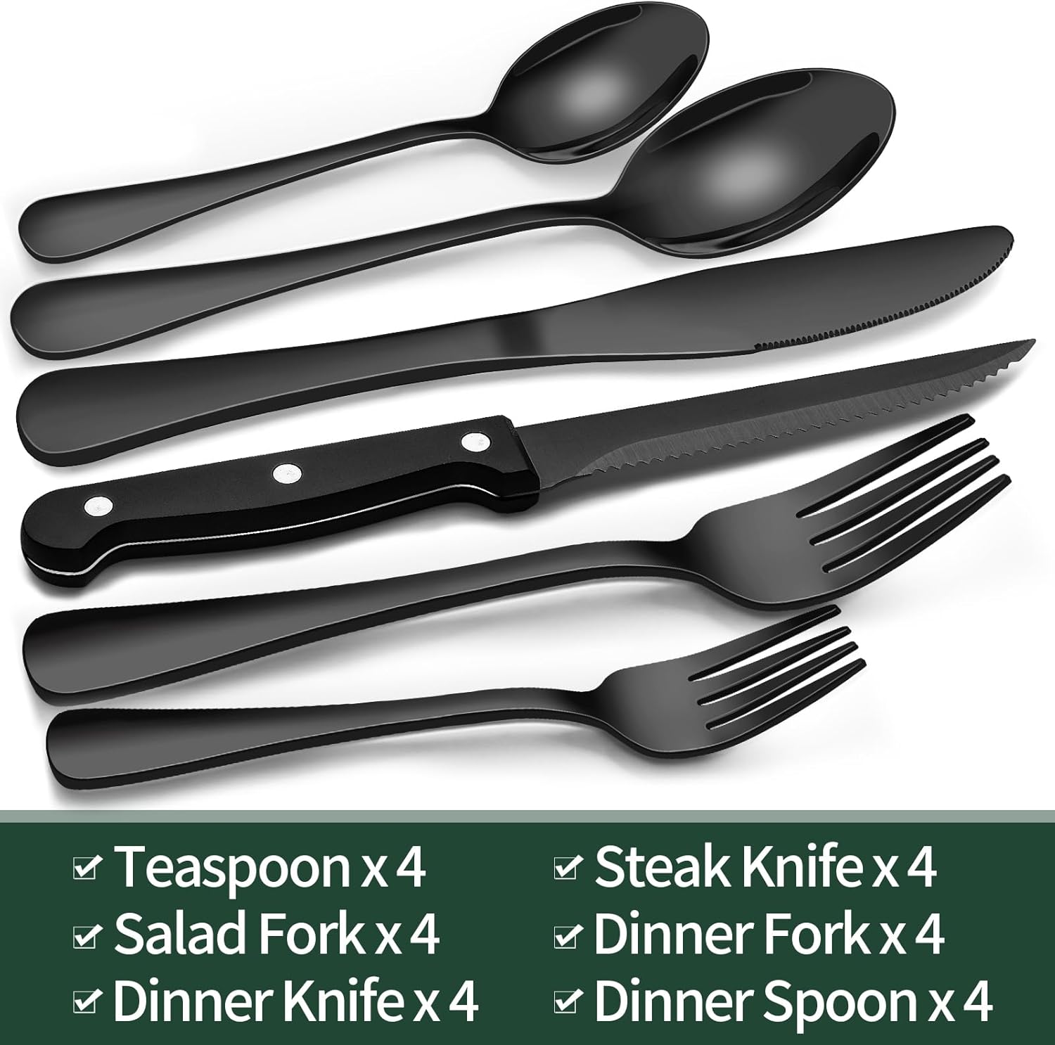 Moktan Sabai 24 Piece Black Stainless Steel Cutlery Set for 4 with Steak Knives