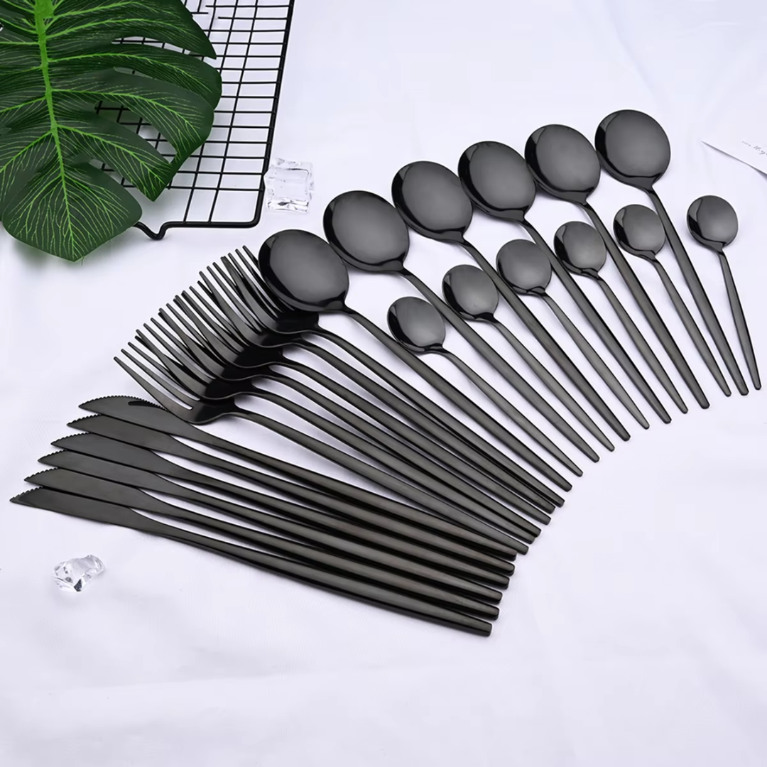 Moktan Sabai 24 Piece Black Stainless Steel Cutlery Set for 4 with Steak Knives