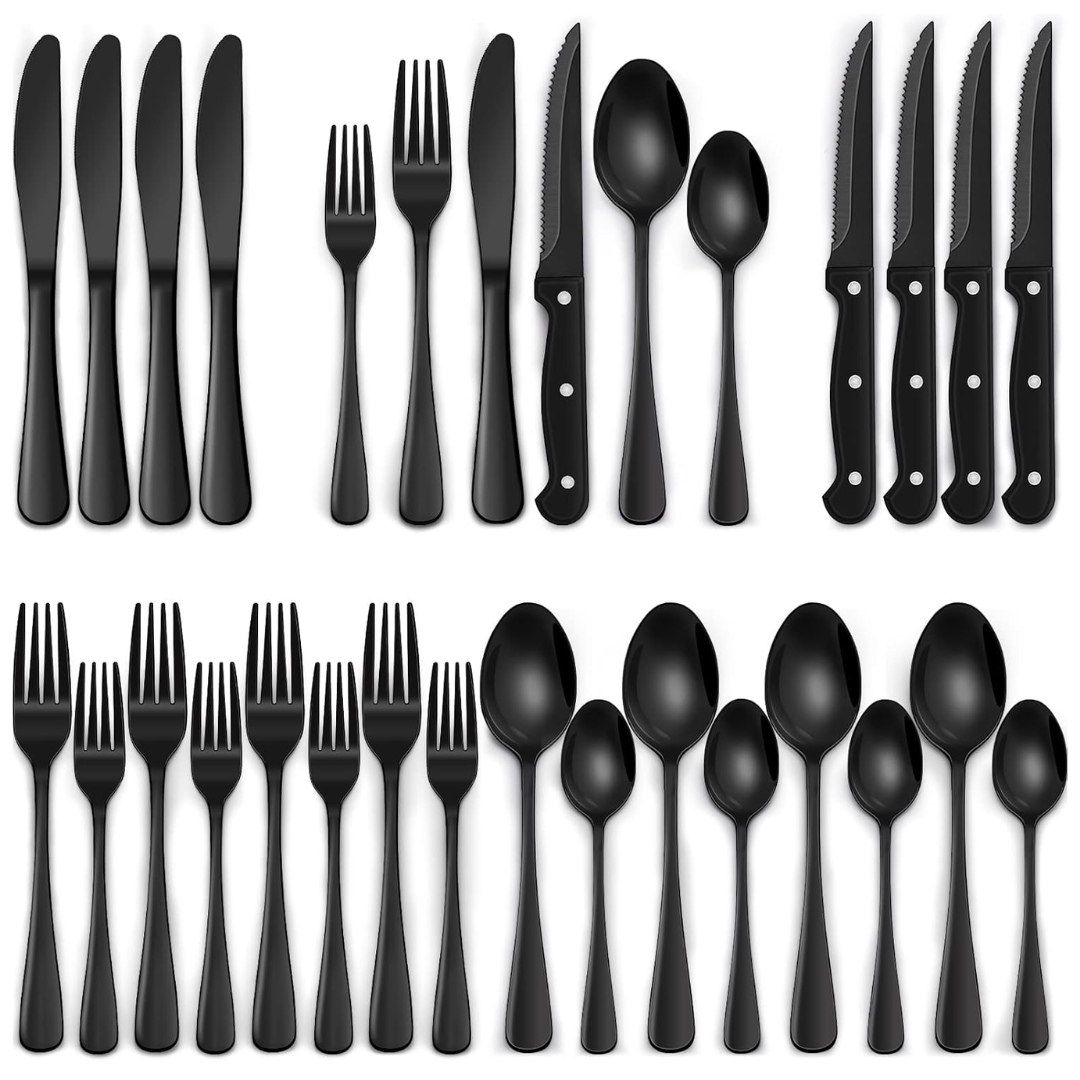 Moktan Sabai 24 Piece Black Stainless Steel Cutlery Set for 4 with Steak Knives Round edge