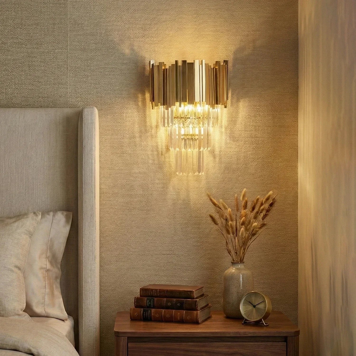 Moktan Sabai Art Deco Crystal Wall Sconce Gold Chrome – Empire Style E12 Dimmable Wall Light