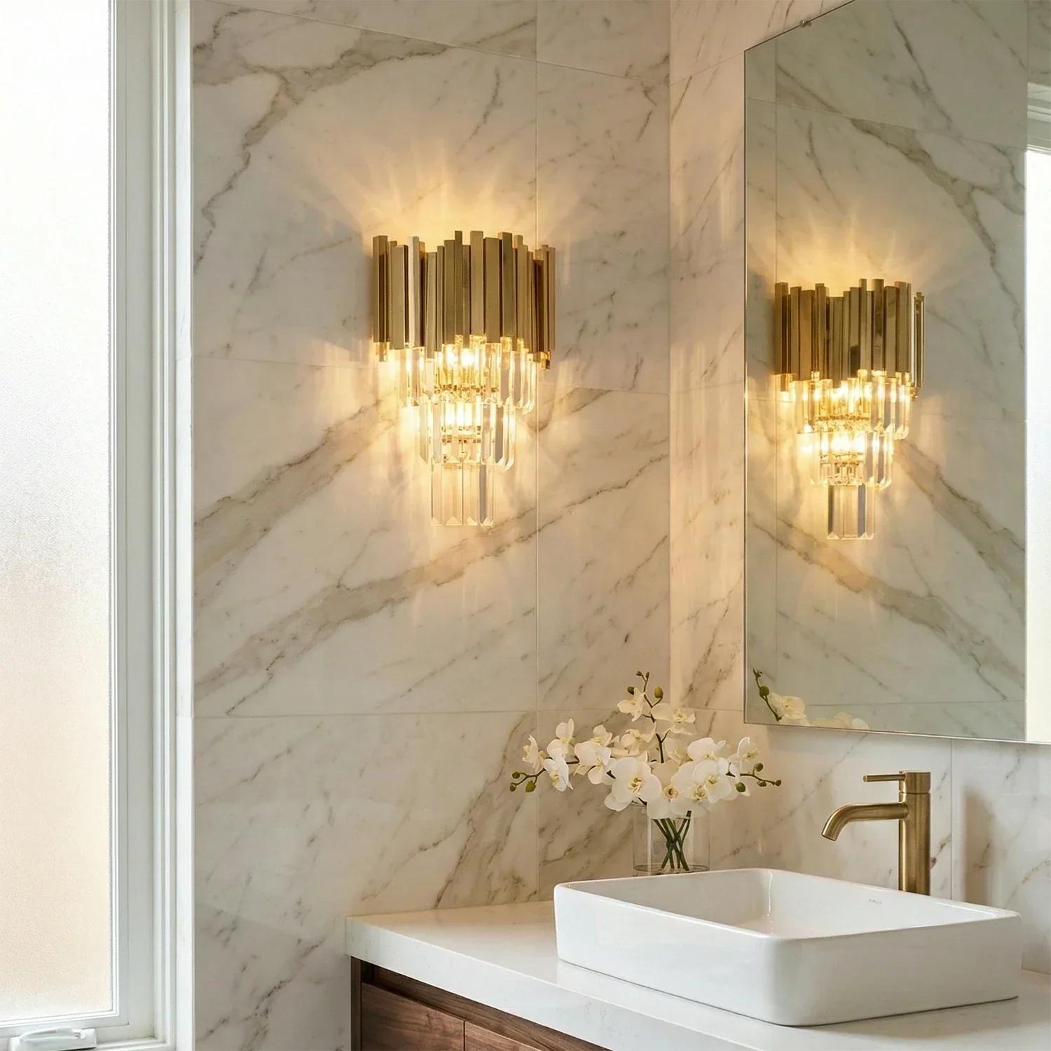 Moktan Sabai Art Deco Crystal Wall Sconce Gold Chrome – Empire Style E12 Dimmable Wall Light
