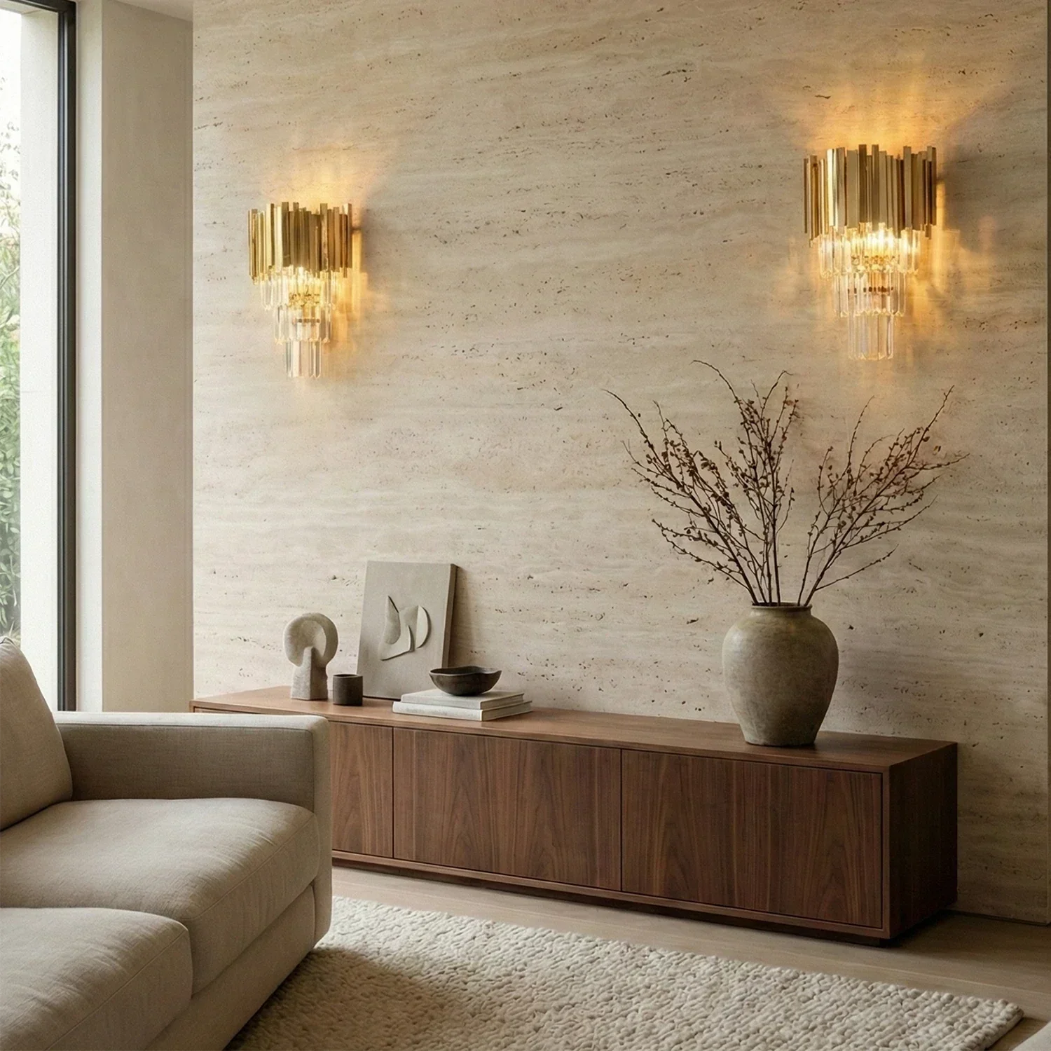 Moktan Sabai Art Deco Crystal Wall Sconce Gold Chrome – Empire Style E12 Dimmable Wall Light ∅ 9.8″ x H 15.7″ * 2 Gold + Transparent