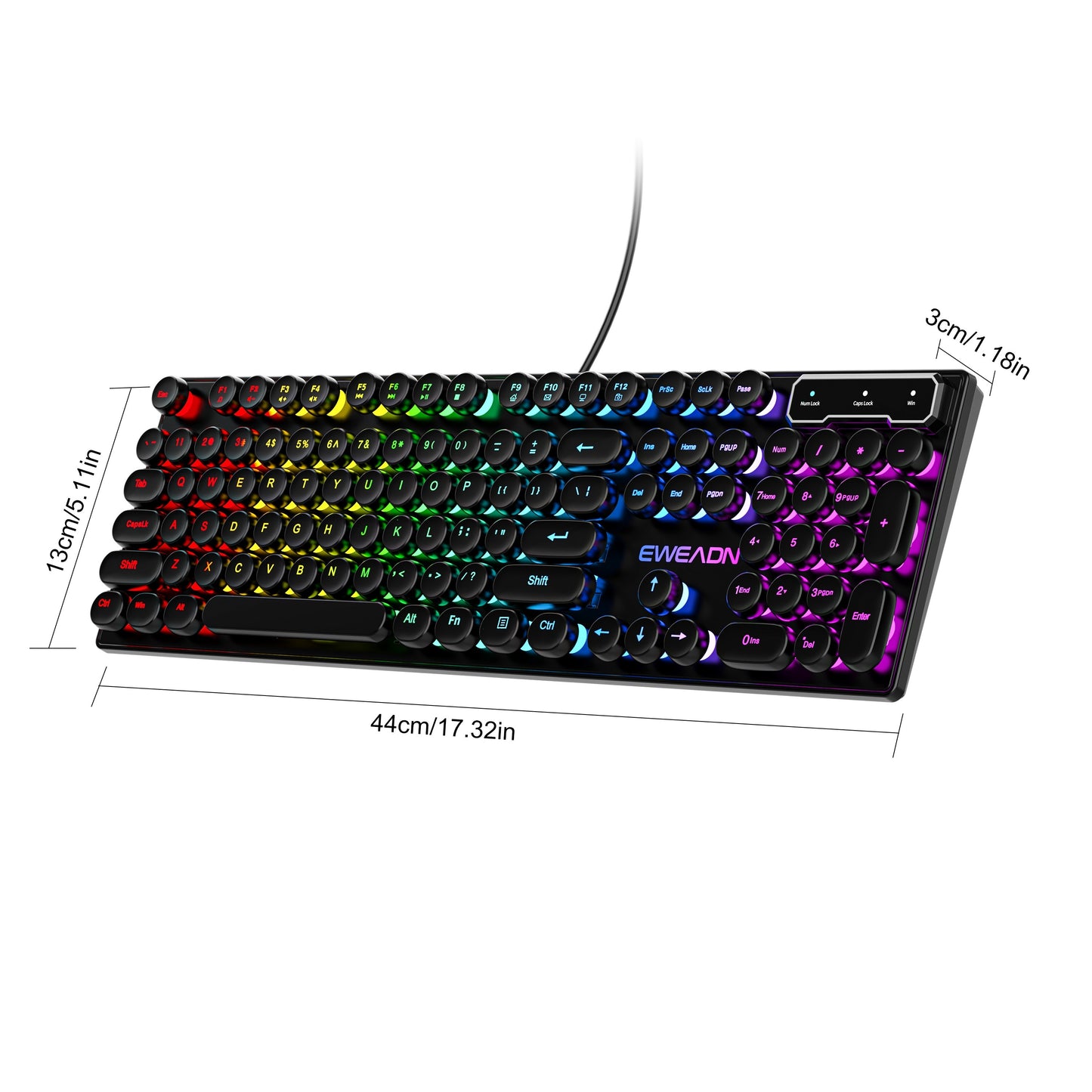 Retro RGB Gaming Keyboard with Round Keycaps, Wired USB Typewriter Keyboard, 104-Key