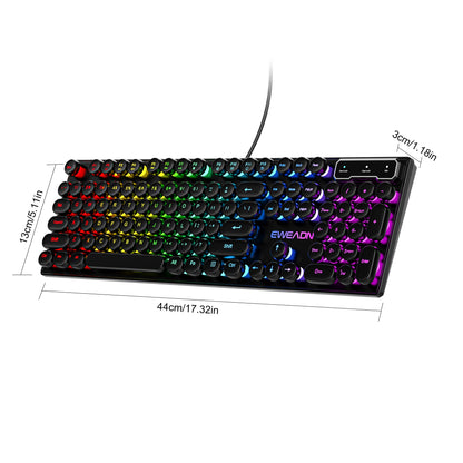 Retro RGB Gaming Keyboard with Round Keycaps, Wired USB Typewriter Keyboard, 104-Key