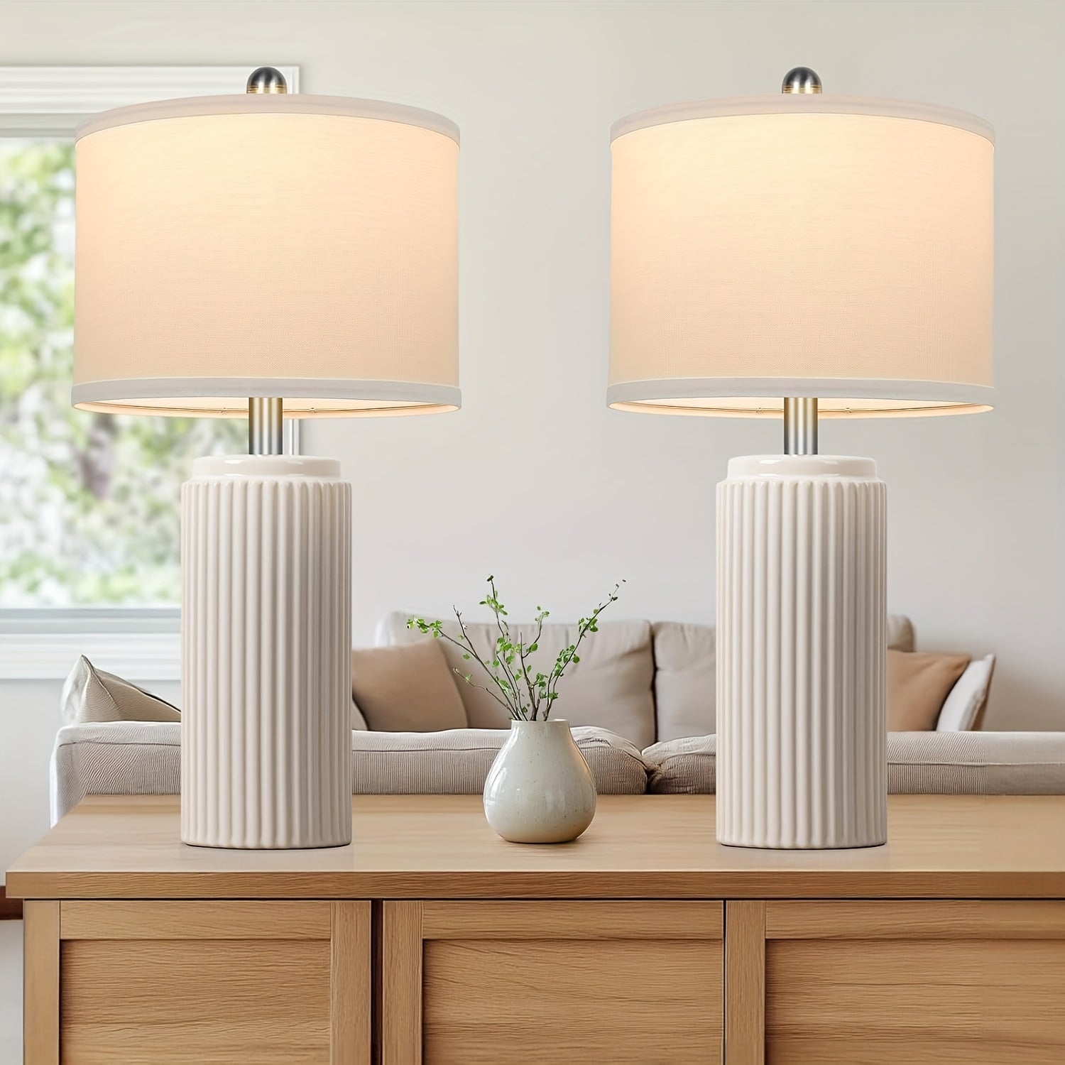 Moktan Sabai Farmhouse Table Lamps Set of 2 – Ceramic Base Bedside Lamps for Bedroom & Living Cream