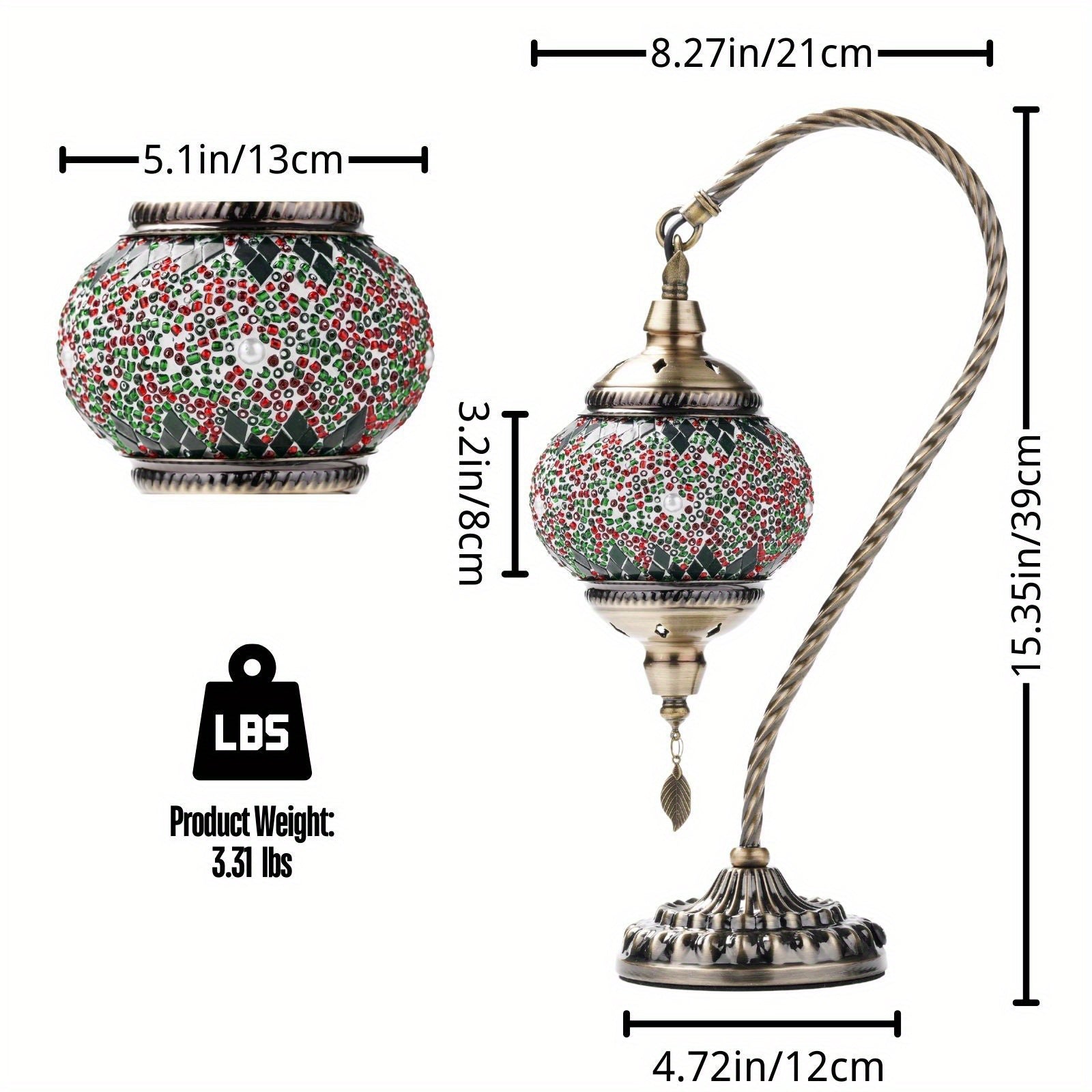 Moktan Sabai Turkish Mosaic Table Lamp – Swan Neck Moroccan Bedside Light with LED Bulb