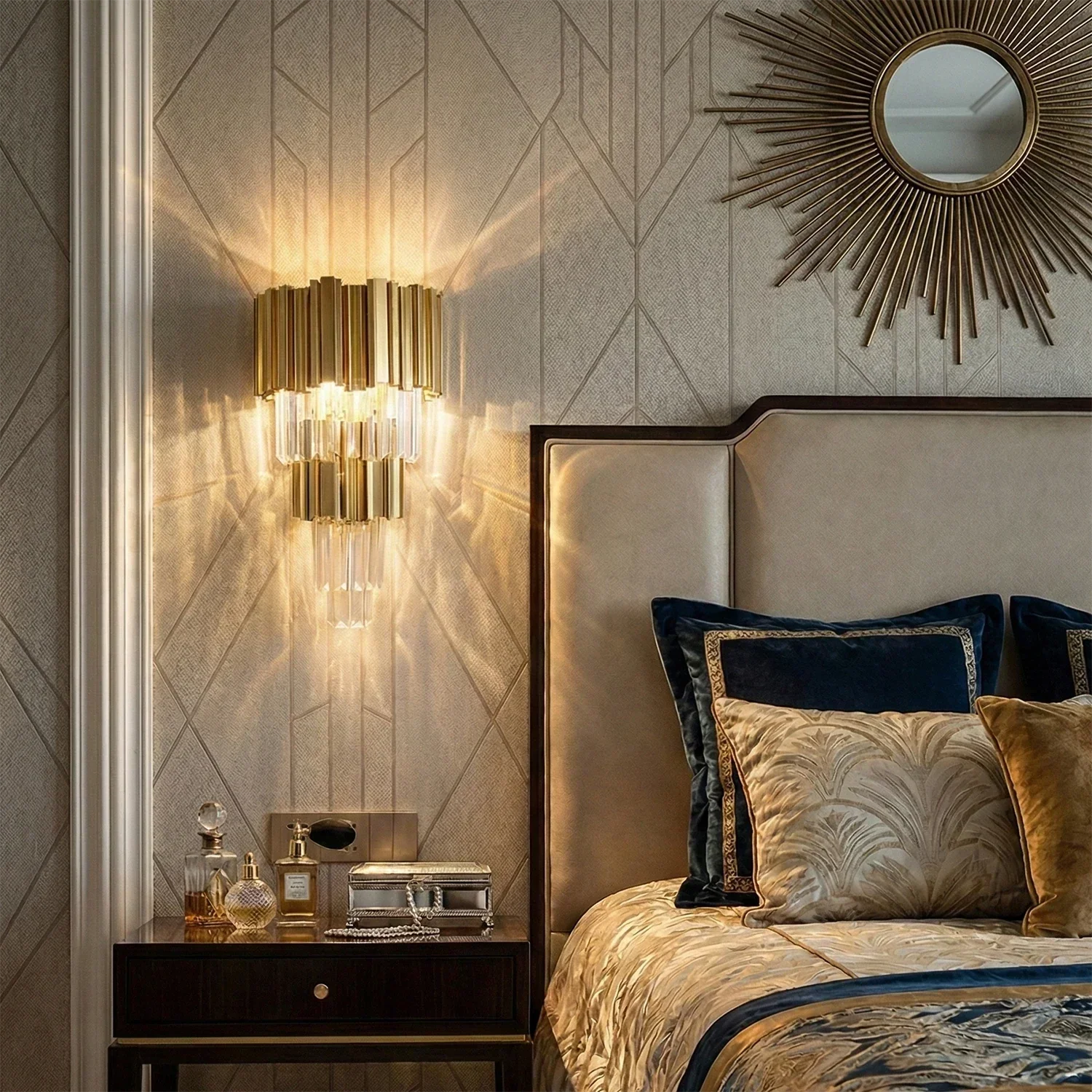 Moktan Sabai Art Deco Crystal Wall Sconce Gold Chrome – Empire Style E12 Dimmable Wall Light